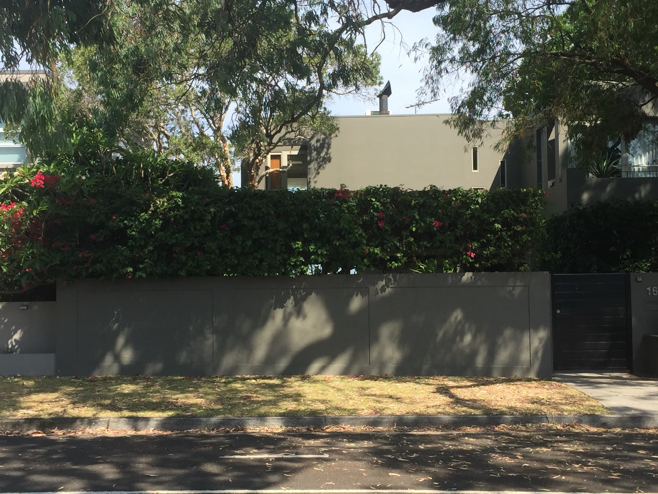 The frontage before the works, the house hidden behind an overgrown hedge and a grey wall